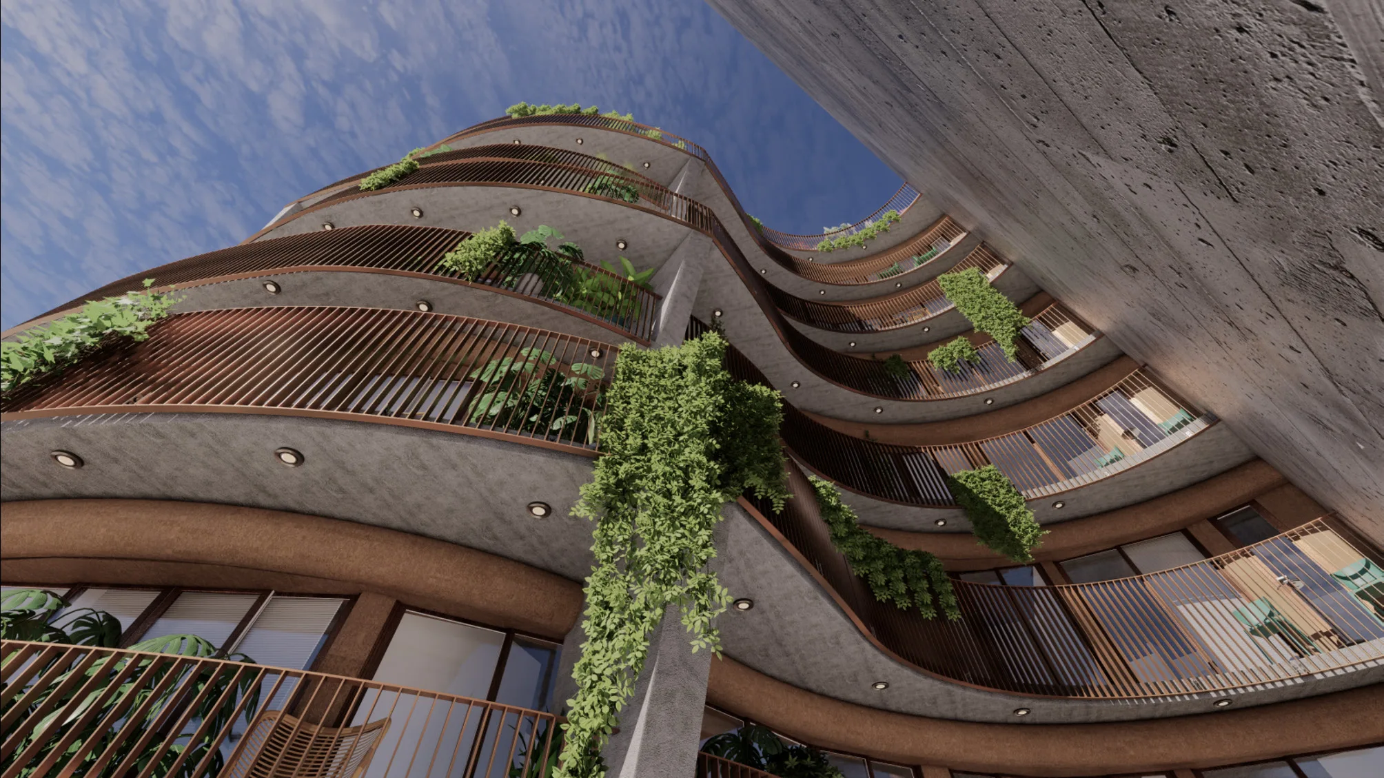 Detalle arquitectónico curvo con vegetación colgante